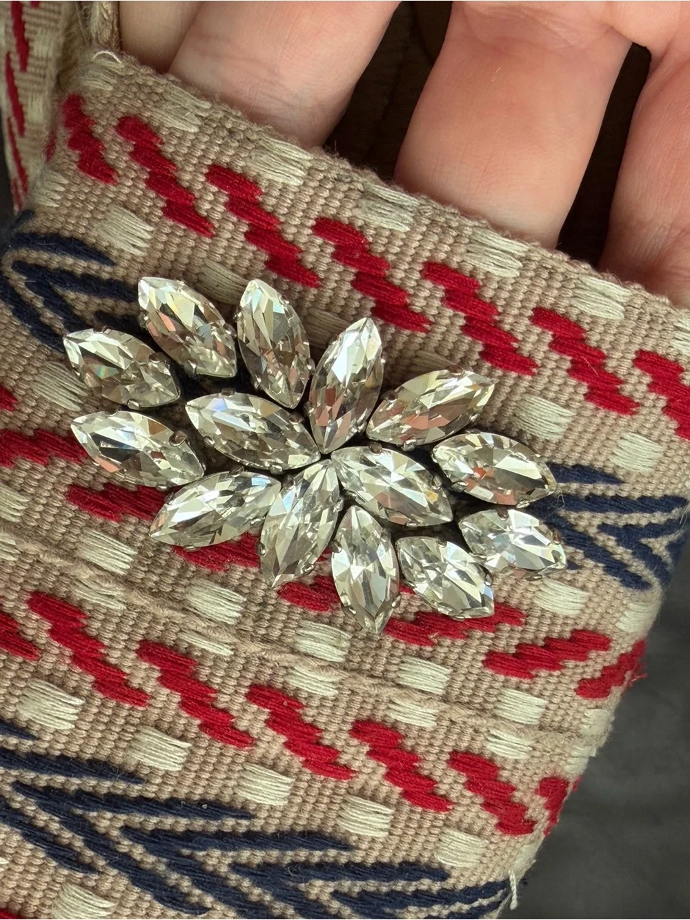 Miu Miu Beige Espadrilles with Red & Navy Stripe and Crystal Brooch 37 Size